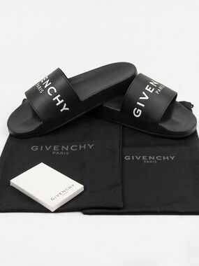 Givenchy Paris Rubber Logo Slides - Black/White - Worn 1x - Full Set w/ Box